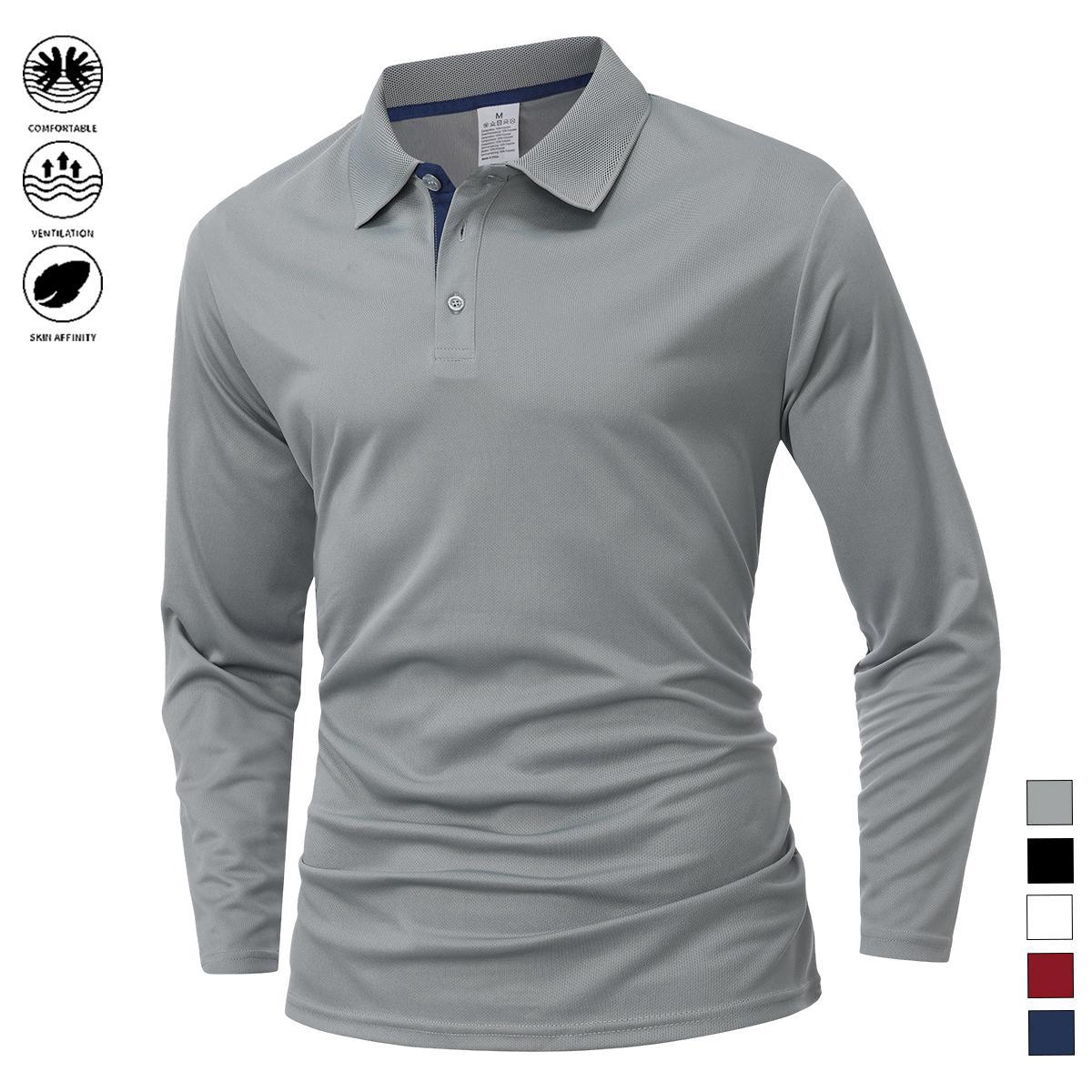 Men’s casual long-sleeve quick-dry polo shirt suitable for golf and tennis; comfortable cycling apparel with a stylish color-block design at the collar and cuffs—a great gift for him. Plain
