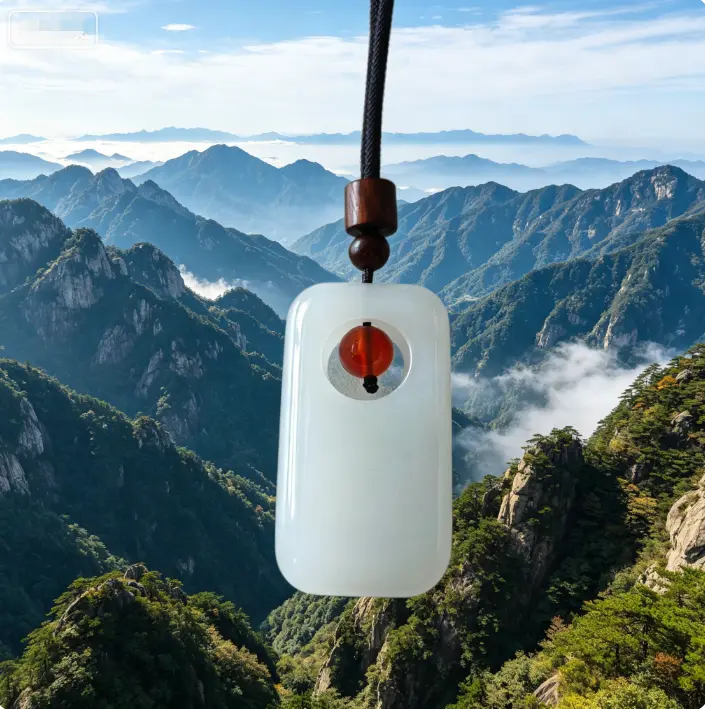 White Jade Ping An Pendant Necklace, Oriental Spiritual Jewelry with Full Mirror Polishing & Inlaid Red Agate - Adjustable Cord, Meaningful Gifts for Men & Women, Taoist, Unique Inlaid Red Agate Design, Meditation, Blessing, Cultural, One-Piece