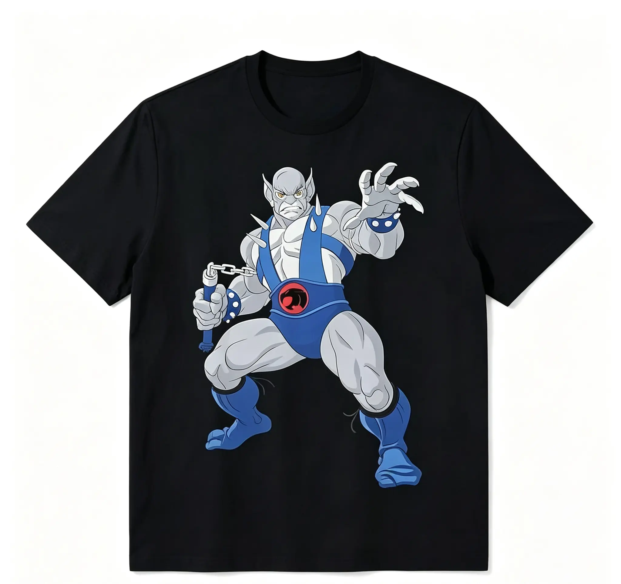 Men's ThunderCats Panthro pattern oversized T-shirt made of loose cotton fabric with deep blue cartoon character print, short sleeved round neck, breathable, machine washable men's streetwear top, all season casual wear, summer atmosphere