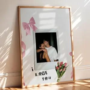 Custom Couple Photo Print, I Love You Pink Bow Poster, Valentine's Day Gift for Her