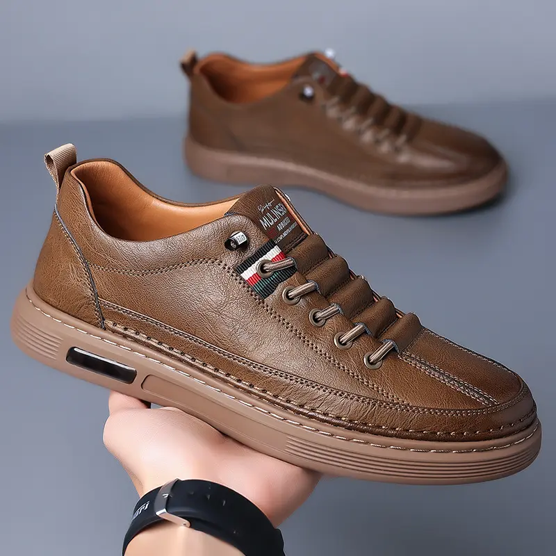 2026 Spring New Men's Leather-Top Sport Casual Shoes, One-Slip-On Loafers, Fashion Skateboarding Shoes, Lightweight Skateboarding Shoes, British-Style Loafers Thick Sole Leather Panel Shoes