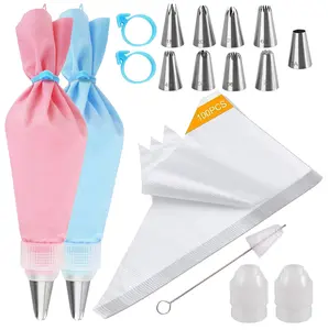 Piping Bags and Tips Set, 116 Pcs Cake Decorating Kit with 9 Piping Tips,100 Pastry Bags and 2 reusable silicone bags，2 Couplers, 2 Icing Bags Ties，1 cleaning brush，Pastry Cake Decorating Tips Baking Tools for Cookies, Cupcakes & Frosting Pastry Nozzles