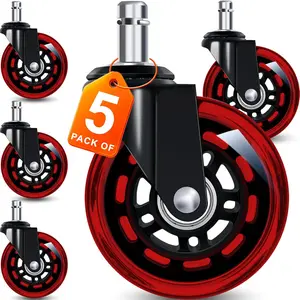 Office Chair Wheels Replacement Casters 3" Rubber Wheels for Computer Gaming Desk Smooth Safe Rolling for All Floors Including Hardwood Carpet Set of 5 Red