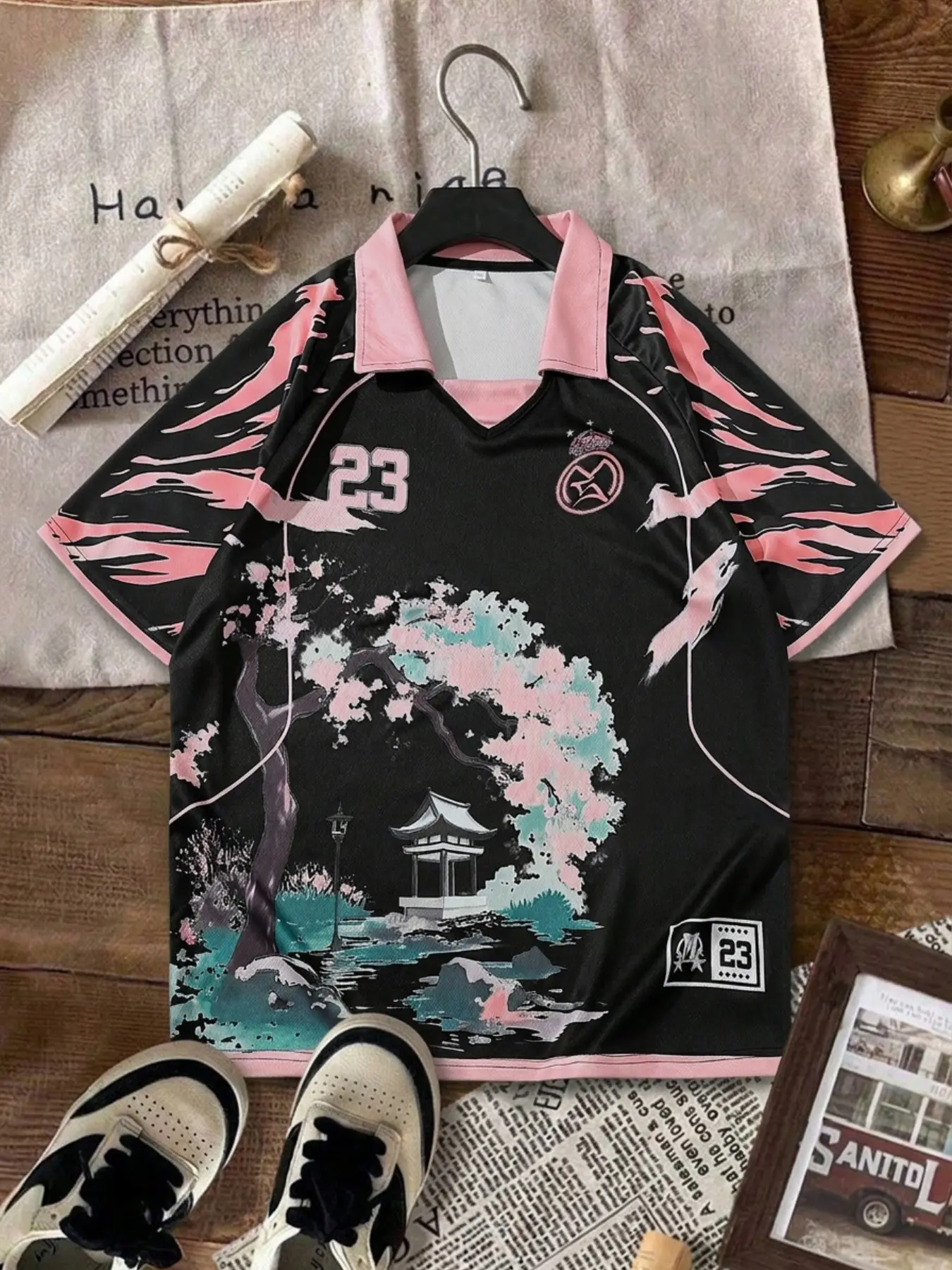 Men's Japanese Ukiyo-E Style Short Sleeve Soccer Jersey, Stylish Jersey, '23' Logo, Cherry Blossom Print, Casual Streetwear Top, Urban Fashion Shirt, Sports Tops