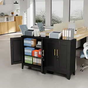 36" Tall Metal Storage Cabinet with Lock – 2 Doors & 2 Adjustable Shelves – Black Freestanding Unit for Home, Office or Garage Dresser Charging Lighted LED