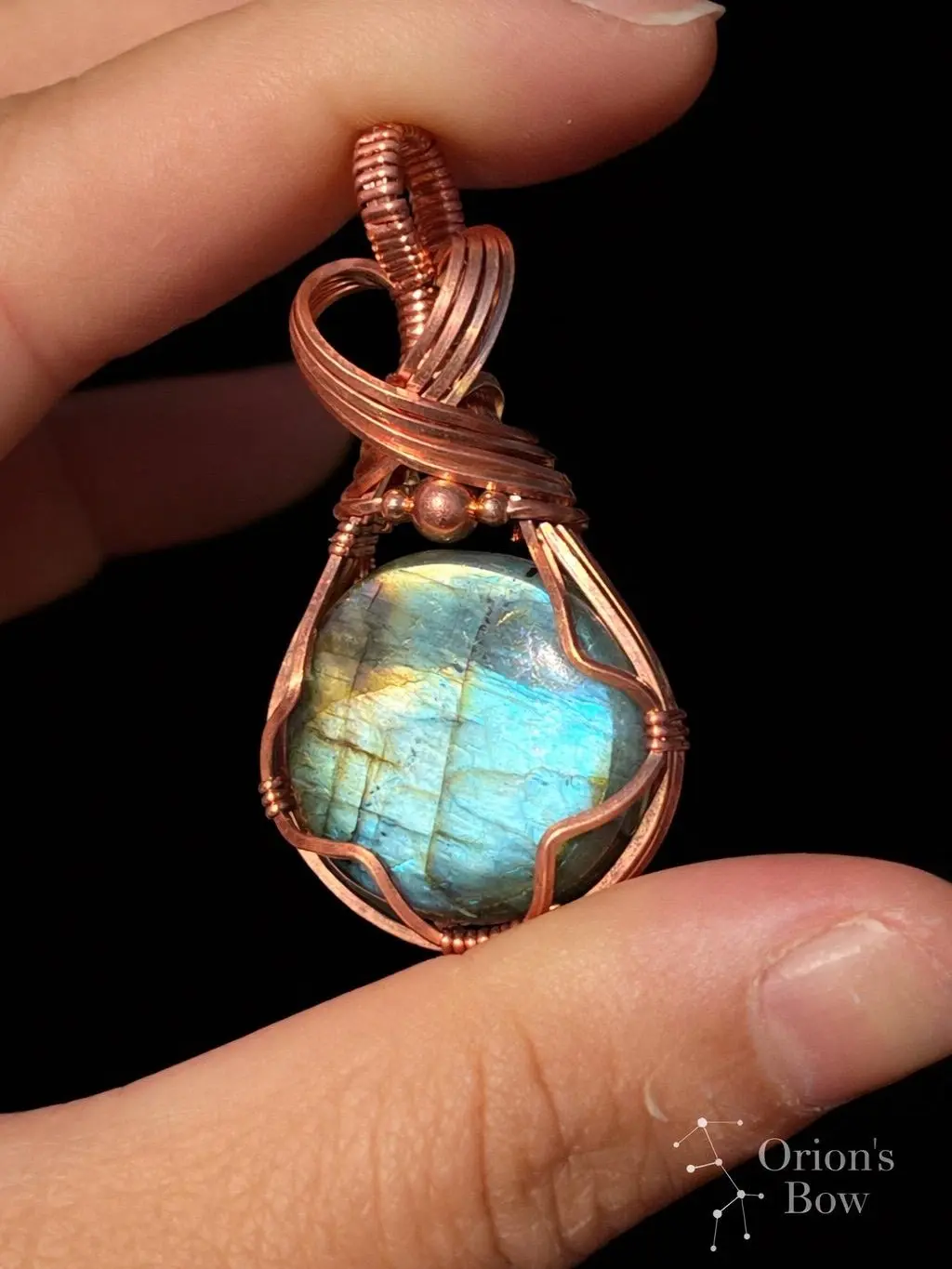 Wire Wrapped Labradorite Necklace Blue Golden Flash Pendant, Handmade Copper, 20in Faux Leather Chain Gift