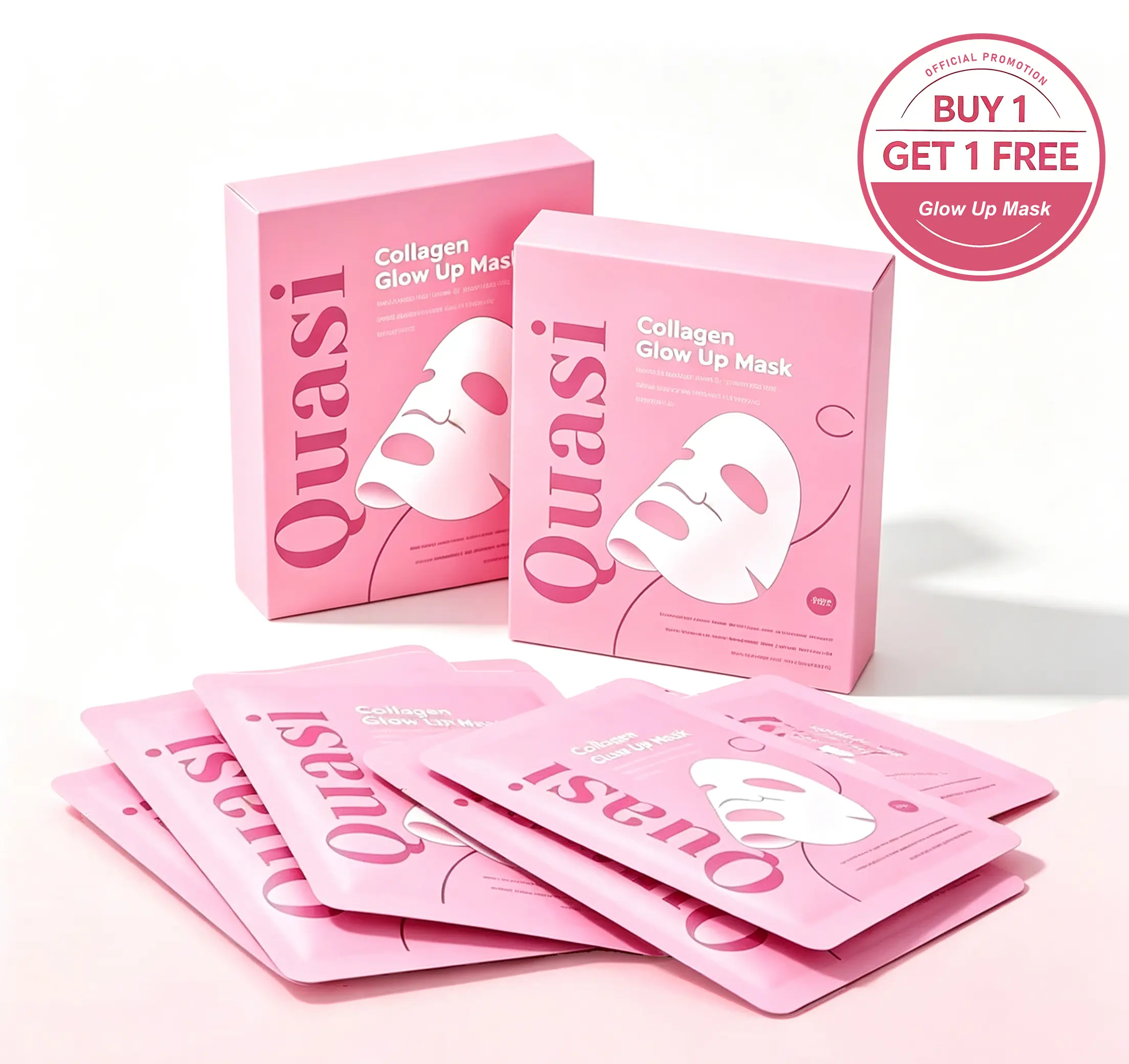 Quasi BioCollagen Glow Up Mask 2.0 BOGO Value Pack - Firming, Deep Hydrating Face Mask for Wrinkle Reduction, Pore Minimization & Glass Skin (2 Boxes × 8 Pcs)