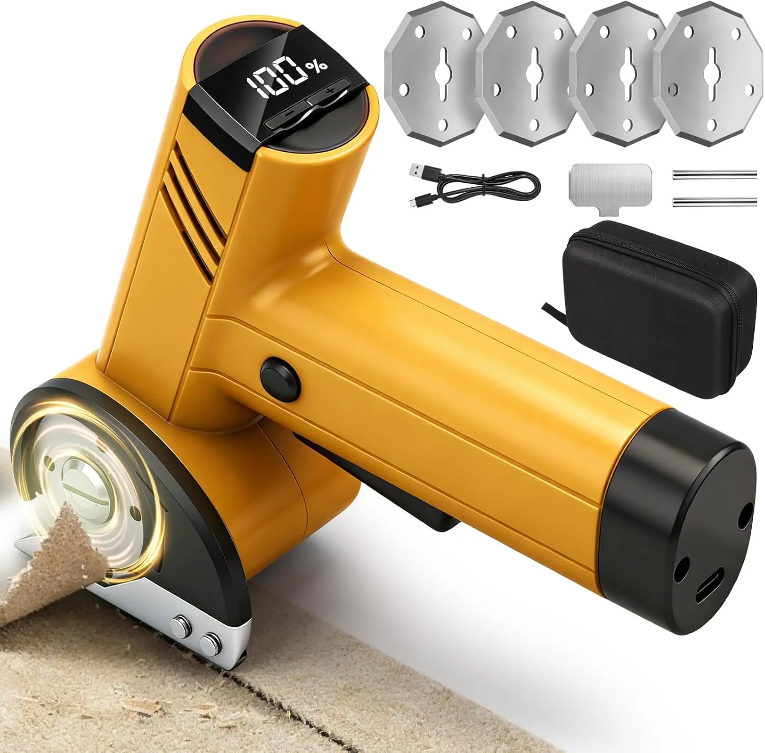 4.2V Cordless Electric Cardboard Cutter with LED Display, 4-Speed 120-420RPM Adjustable Box Cutting Tool, Comes with 4 Replacement Blades & Storage Case for Cardboard Fabric Plastic Leather