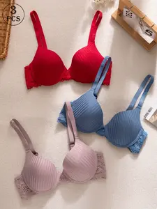 Women's Sexy Push-Up Lace Bra Set, Striped Short Sleeve Top, Backless Halter Neck, Max Support, Fitted Lined Camisole, All Seasons