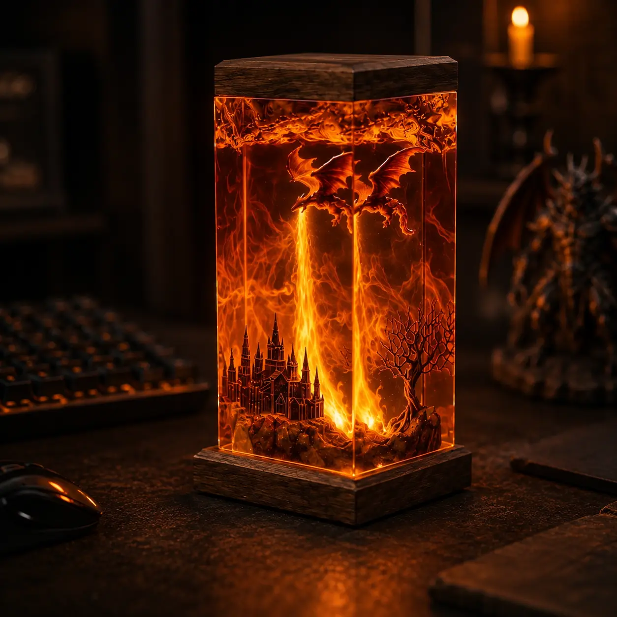 Fantasy Dragon Resin Lamp, Handmade Dragon Resin Art, Fire Dragon Castle Diorama, Epoxy Resin Home Decor, Wooden Base Decorative Lamp, Fantasy Desk Decor, Resin Sculpture, Unique Dragon Gift, Collectible Fantasy Artwork