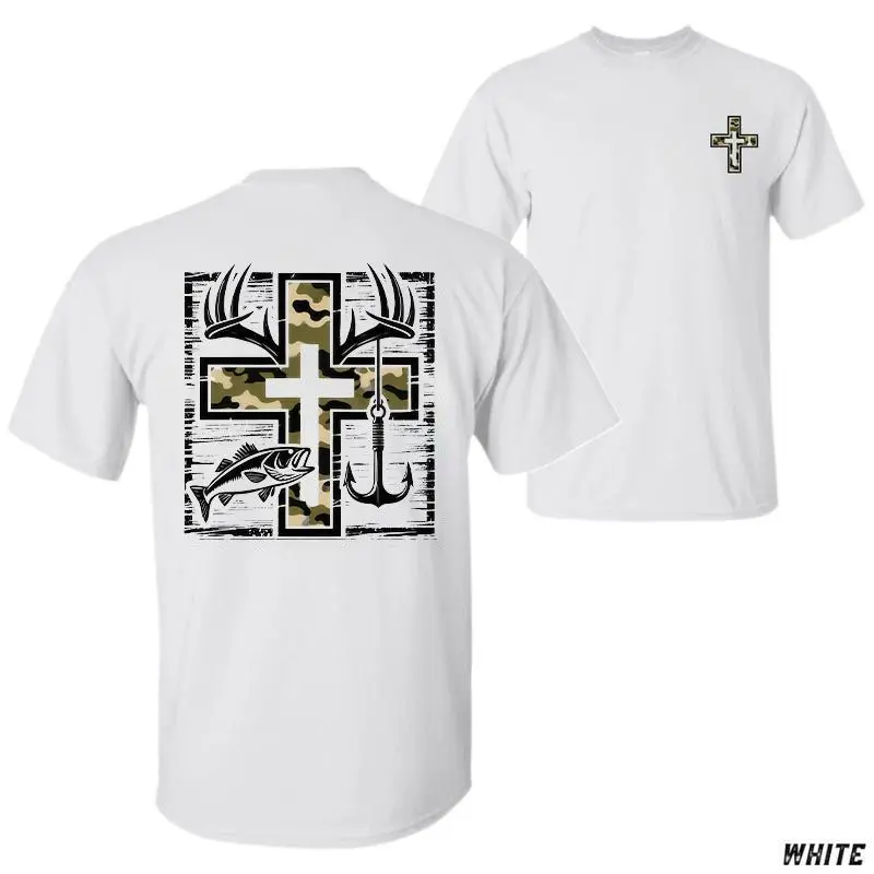 Southern Charm Fishing Shirt - Camo Cross Antlers and Bass for a Faithful Adventure Crew Neck Unisex 100% Cotton Premium Comfort men's graphic tee