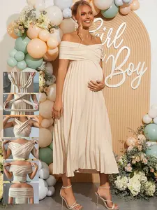 ELLIOTTWII Pregnant Women Solid Color Off Shoulder Pleated Elegant Short Sleeve Dress,Gender Reveal Dress,Maternity Dress,Baby Shower Dress