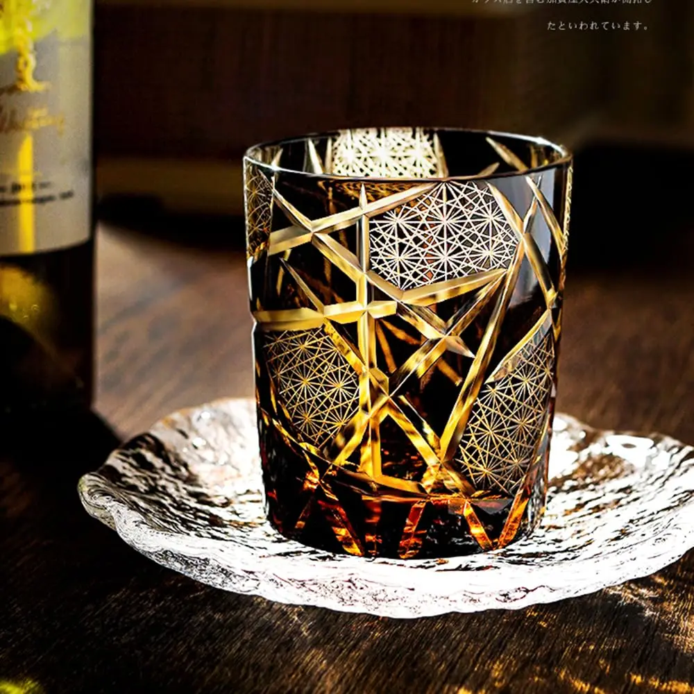 Edo Kiriko Japanese-Style Crystal Amber 8 oz Cup, Black Diamond Lightning-Etch Glassware Drinkware Tumbler for Whiskey, Vodka