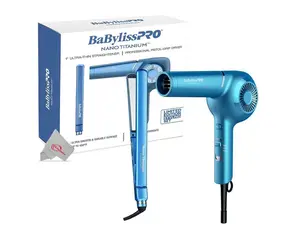 BaByliss PRO Nano Titanium 1" Ultra-Thin Straightener & Professional Pistol-Grip Hair Dryer (Blue)