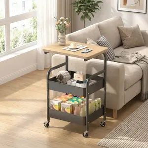 3-Tier Mobile Utility Storage Rack with Walnut Wood Tabletop, Sturdy Metal Frame – Mesh Baskets, Lockable Wheels, Multi-Purpose Shelf for Kitchen, Living Room, Bathroom, Office, Snacks, Coffee, Makeup, Crafts, Bedroom