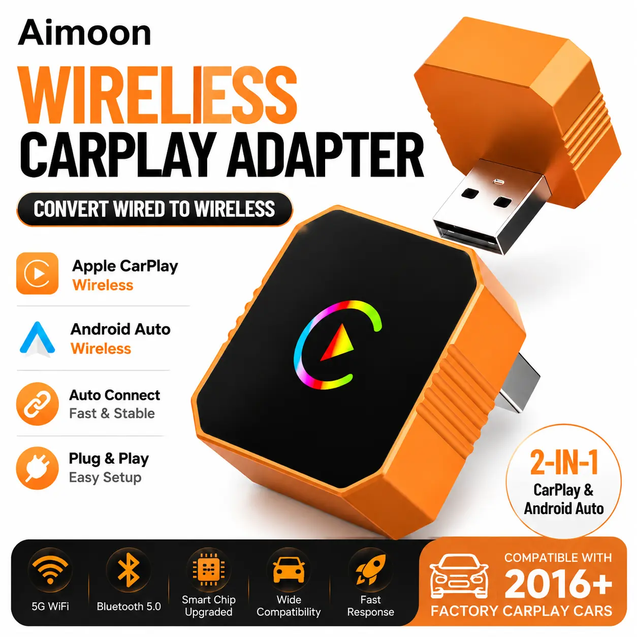 【AIMOON】 2 in 1 Wireless CarPlay Adapter, Convert Wired CarPlay to Wireless Apple CarPlay & Android Auto, Plug & Play, Fast Auto Connection, Compatible with Factory CarPlay Cars 2016+