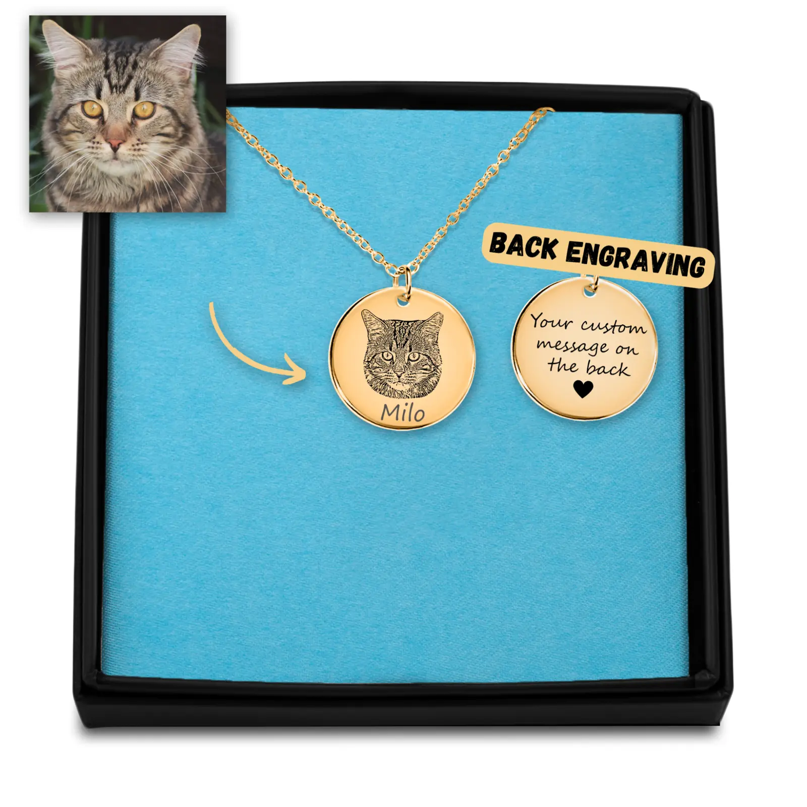 Custom Engraved Cat Picture Necklace - Personalized Pet Memorial Jewelry