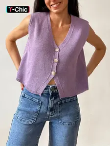 Women Minimalist Crochet Vest, Button Down Sleeveless Knit Top V Neck Fitted Crop Tank Tops Solid Color Casual Going Out Shirt Womenswear Vneck