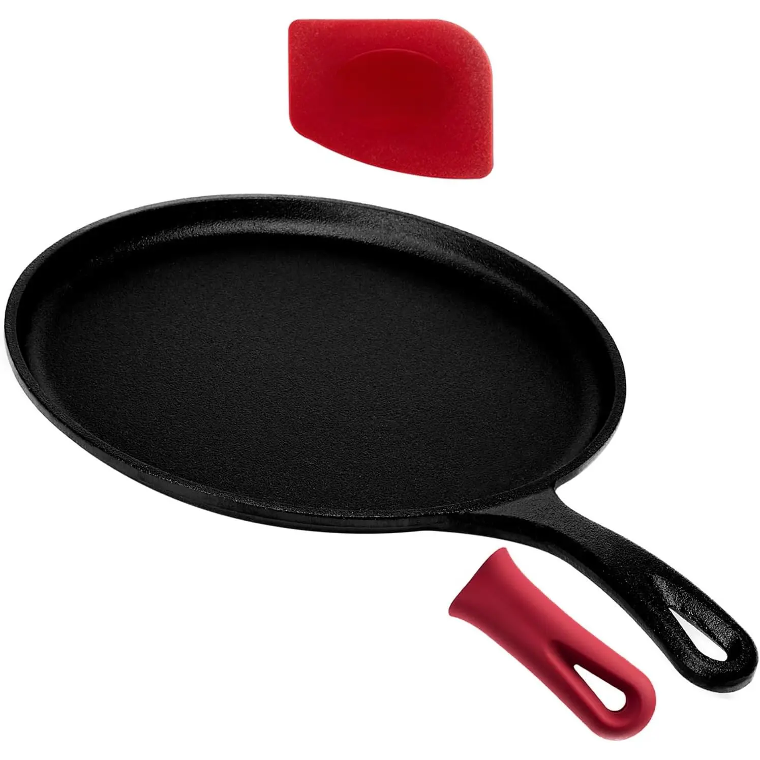 Cast Iron Round Griddle - 10.5" Crepe Maker Pan + Silicone Handle Cover - Pre-Seasoned Comal for Tortillas Flat Skillet - Dosa Tawa Roti Grill - Use: Oven, Stove, BBQ, Fire, , Induction