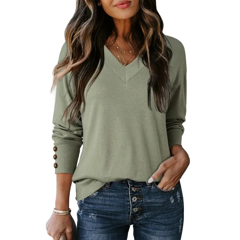 Dokotoo Women's Casual Long Sleeve V Neck Pullover Shirts Loose Fit Lightweight Knit Tops Womenswear Womenswear