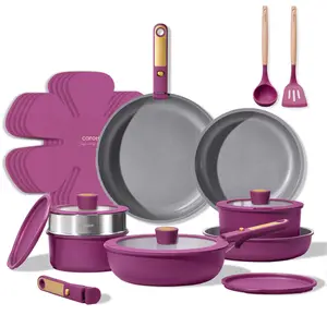 Carote 21-Piece Nonstick Pots and Pans Set, Kitchen Cookware Set with Detachable Handle, Induction Compatible, Purple