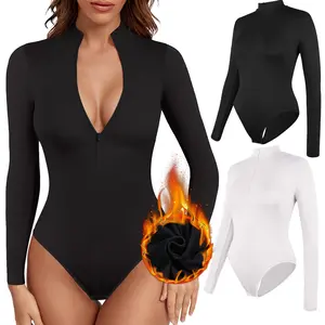 Women's 2 Piece Bodysuits Sexy Mock Turtle Neck Long Sleeve Tops Zip Front Bodysuit Shirt, Soft Comfortable Farbic, Light Fleece Lined Warm Womenswear Longsleeves Basic