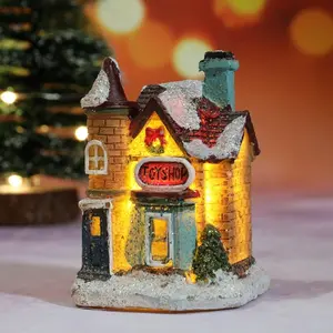 Christmas Resin Miniature House, LED Light-Up Snow Village Scene, Micro Landscape Desktop Decoration, Holiday Home Decor Accessories, Festive Decorations