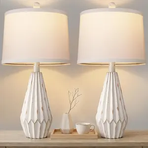 Set of 2 Modern Farmhouse Lamp for Living Room, Beige Rustic Resin Beside Table Lamps with Linen Shade, Vintage Lamps for Nightstands Bedroom Entryway Decor