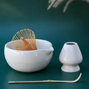 White Matcha Set - 16 oz Ceramic Bowl with Spout Bamboo Whisk Whisk Holder & Chashaku Spoon Complete Gift Set for Tea Enthusiasts