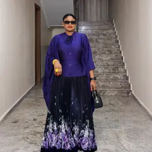 Women's 2-Piece Regal Flow Cape Set - Comfortable Classy Formal Pleated Purple Drape Top, Floral Skirt Ensemble, Statement Lady-Fit Womenswear with Accessories for Weddings, Galas