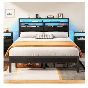 Furologee Full Size Bed Frame with Headboard and 2 Fabric Drawers LED Lights and Built in Charging Station Storage Shelves Metal Slats Platform No Box Spring Needed Black Oak