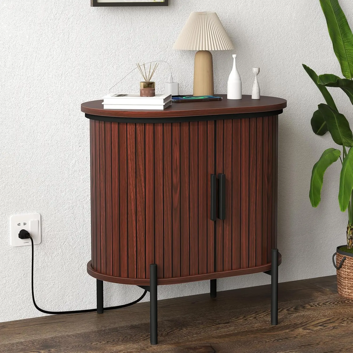 EBELLO Mid-Century Oak Wood Fluted Accent Table - Corner Shape, 21.8"w×14"d×21.8"h, Built-in Charging Port, Storage, Assembly Required, Holiday Gift, Mid Century Nightstand, Furniture for Small Spaces, Living Room Indoor Furniture, Room Decor