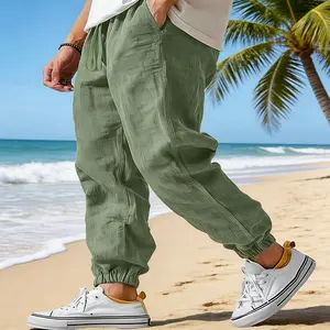 Men's Solid Linen-Polyester Woven Drawstring Trousers - Stretch Regular Fit Sportswear Bottoms, Lightweight Breathable Fabric, Drawstring Closure, Pockets, Suitable for Beach Wear, Outdoor Sports