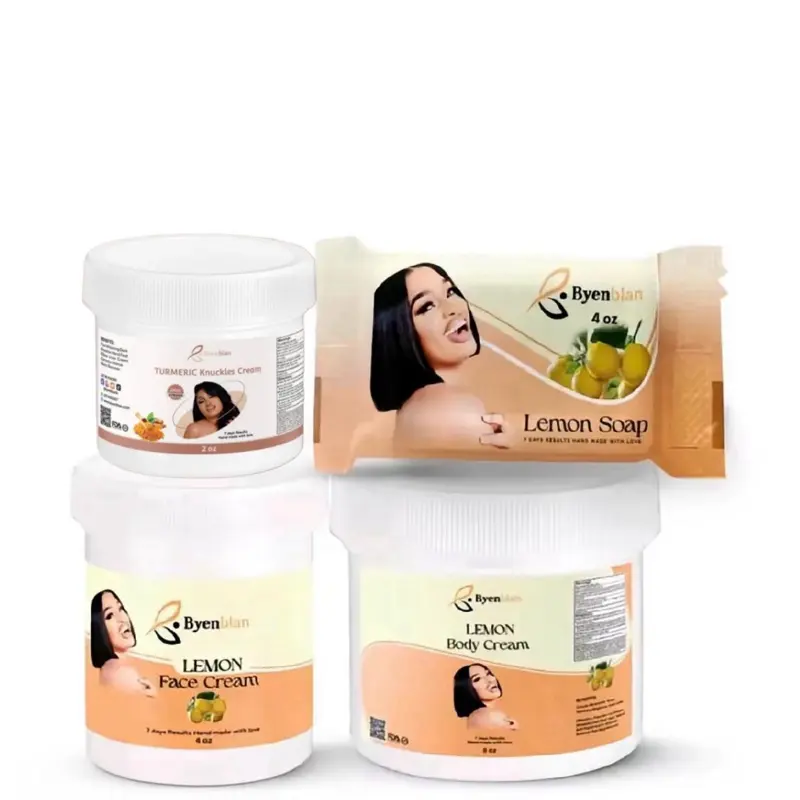 Byenblan Lemon full sets includes 1- 8oz body cream 1- 4oz face cream 1- 2 oz knuckles 1- 7oz face and body cleanser soap for Skin Repair