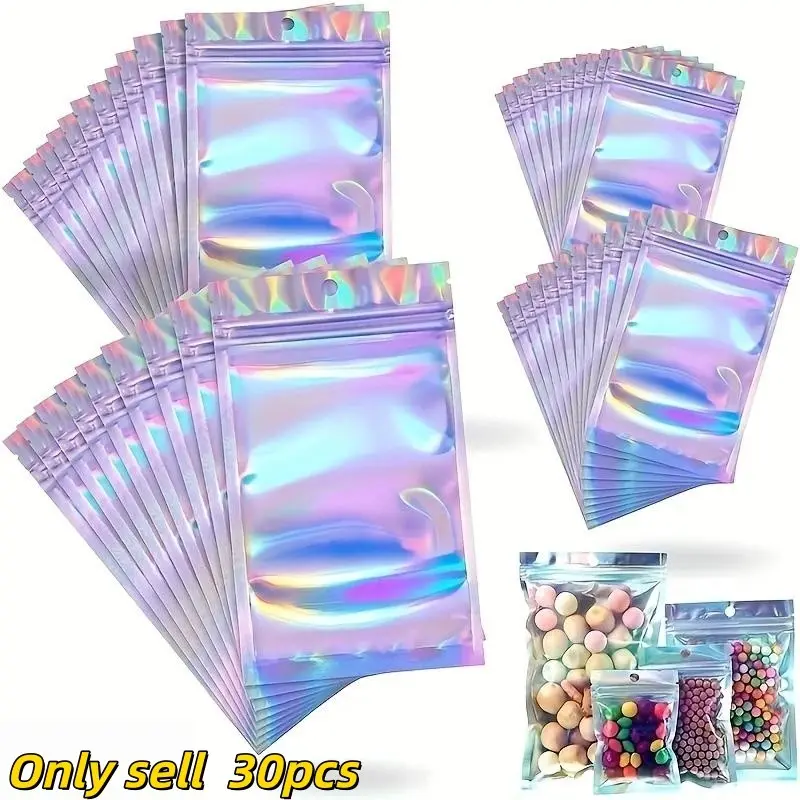 Holographic Colorful Laser Bag, 30pcs/set Self Sealing Resealable Packaging Food Candy Jewelry Gift Bags, Gift Wrapping Bag, Baking Packaging Supplies for Home Kitchen Party
