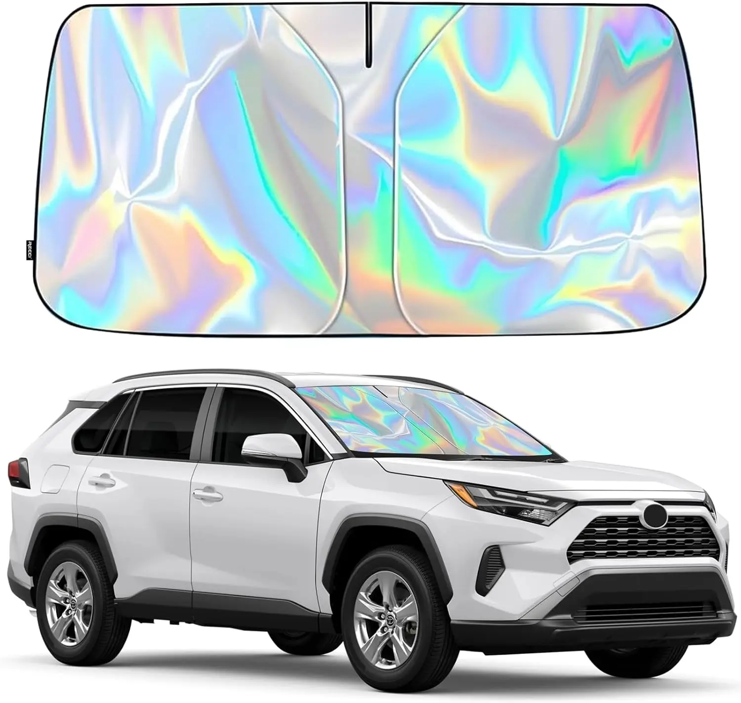 Car Windshield Sunshade with Car Windshield-Laser Reflective Coating, Foldable Anti-UV Windshield Car Windshield SunScreen, 210T Titanium Silver Foldable Car Front Window Sun Shade with Storage Pouch, Universal Size 57×31.56 Inch