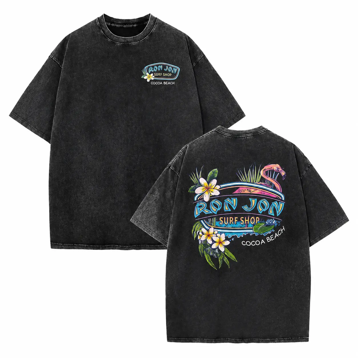Women's T-shirt, Vintage Washed Loose Fit Shortsleeve Garment with Double-Sided Flamingo & Surfboard Print - Customized Thick Summer Casual Clothes, Comfortable, Basic, Street Style, Piece, Soft, Lady, Essential