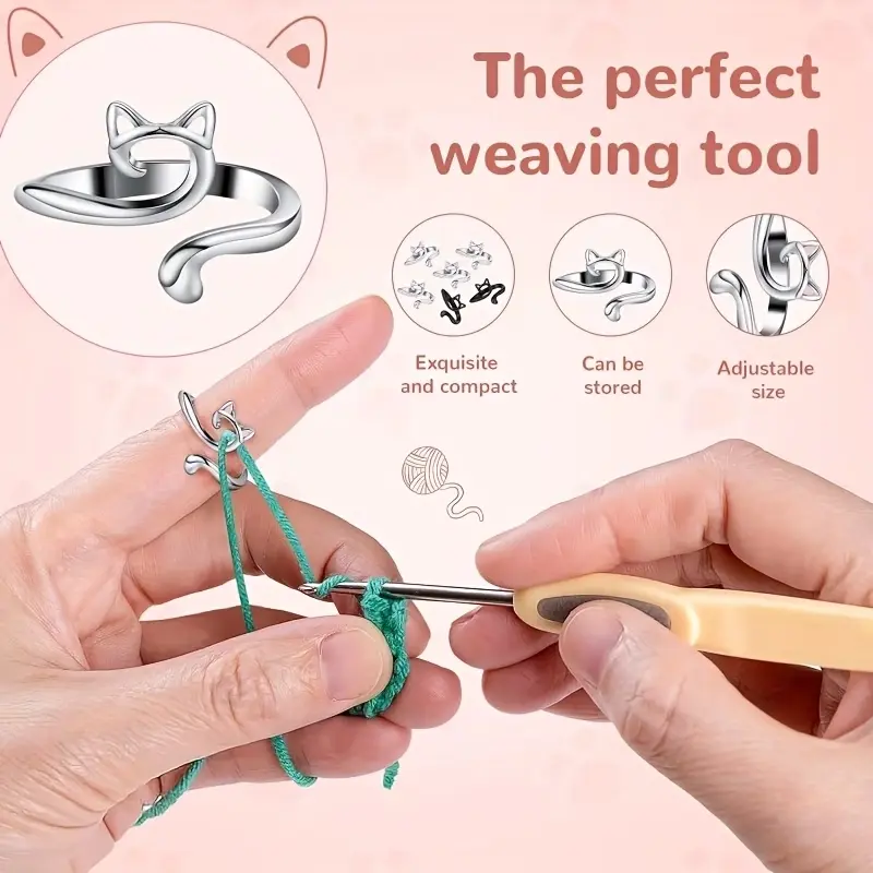 4PCS Crochet Ring for Fingure Adjustable Crochet Tension Ring Yarn Tension Rings Easy Crocheting Crochet Accessories Mother Grandma Thanksgiving Presents(Cat shape)