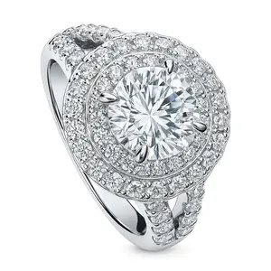 BERRICLE Sterling Silver Halo Engagement Rings Statement Split Shank Ring for Women, Round Cut Cubic Zirconia CZ