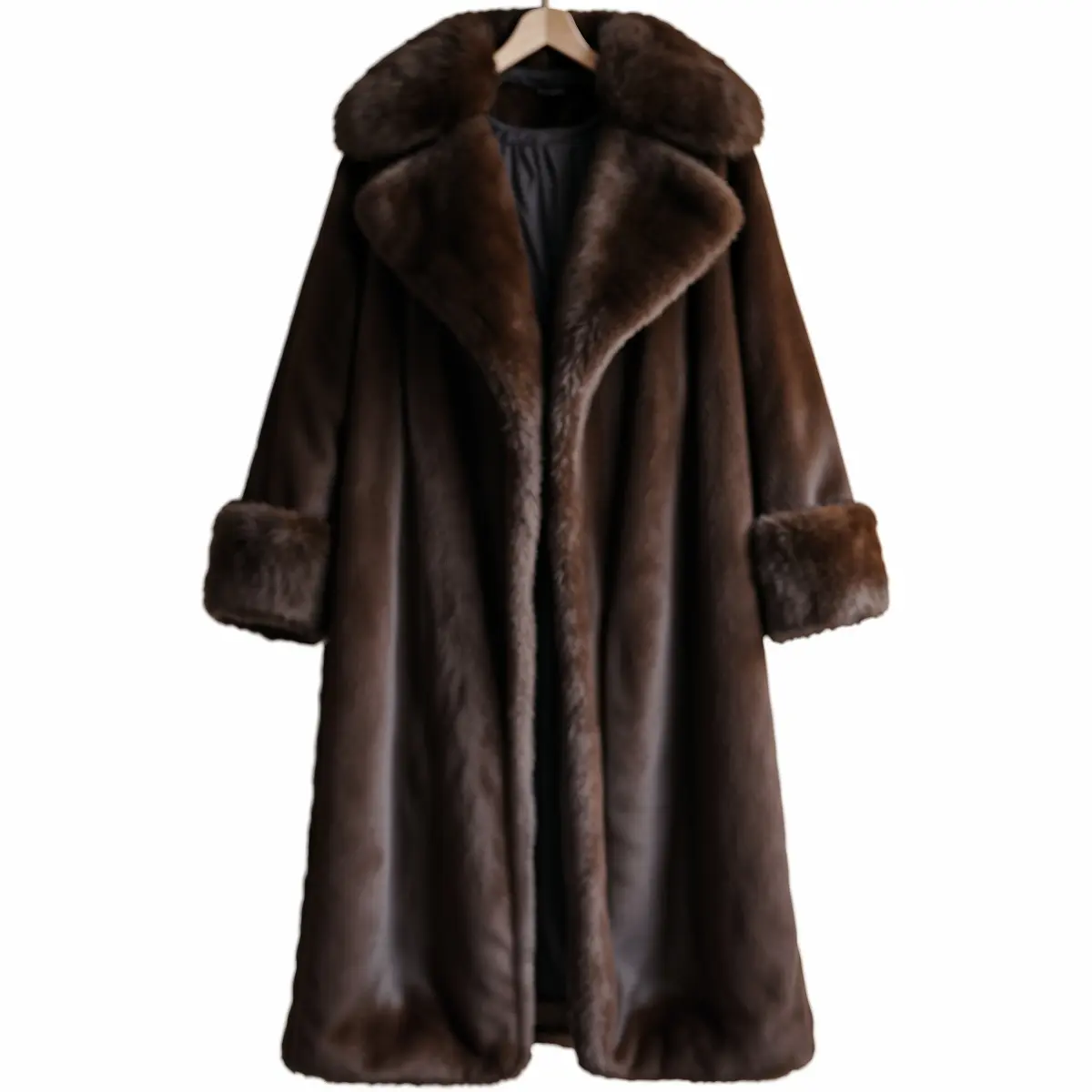 Women's Classic Long Brown Fur Coat – Full-Length Plush Winter Overcoat with Wide Collar