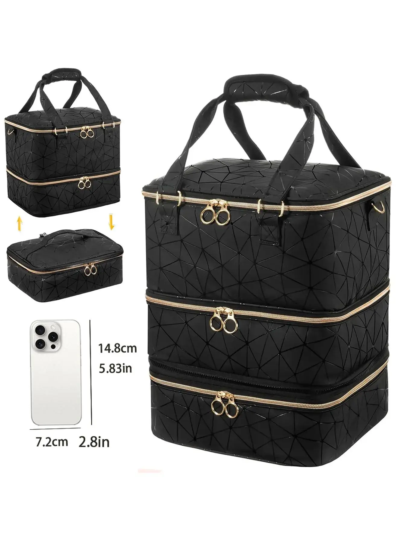 Geometric Pattern 3-layer Nail Polish Storage Bag for Summer Travel, Large Capacity Multifunction Makeup Storage Bag, Portable Cosmetic Bag, Nail Art