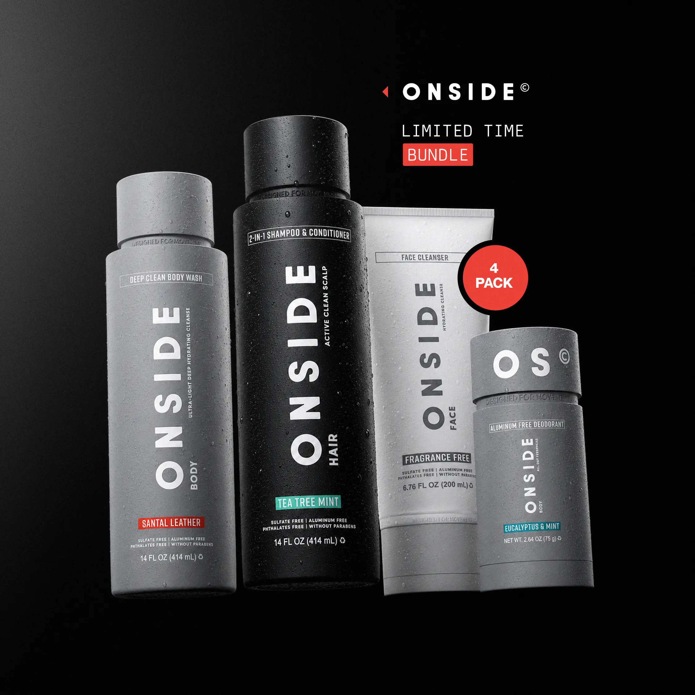 ONSIDE Essentials Bundle | Aluminum Free Performance Deodorant, Deep Clean Body Wash, Shampoo & Conditioner 2-in-1, Face Cleanser