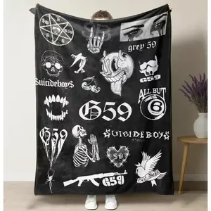 $uicideboy$ G59 Flannel Throw Blanket, Hip Hop Rap Symbols Collage Print Cozy Soft Plush Blanket for Fans, Lightweight Warm Fuzzy Blanket for Couch Bed Sofa, All-Season Underground Rap Gift