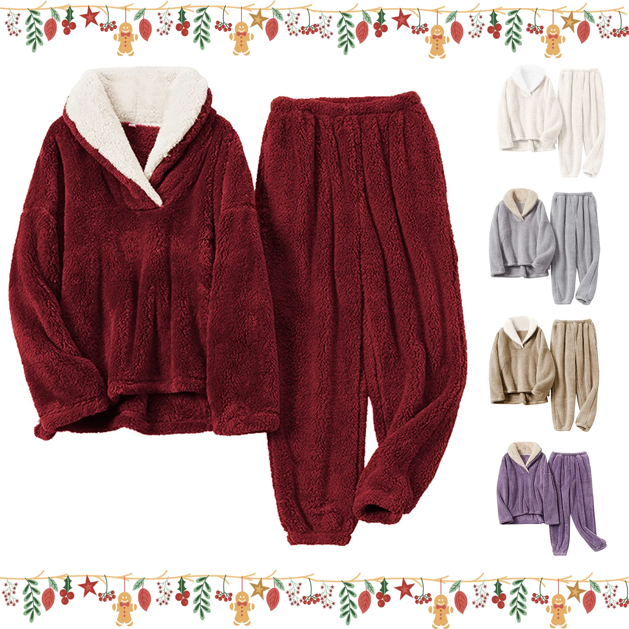 Naeduo Women's Fluffy Sherpa Fleece Pajama Set - Warm Polyester Pullover Lapel Sleepwear, Sweet Style, Sherpa Fleece Traps Cozy Body Heat, Chic Pullover Sleepwear, Chic Lapel Adds Polish To Pajamas, Fuzzy Loungewear Sets, Long, Soft, Basic, Lady, Cozy Oot
