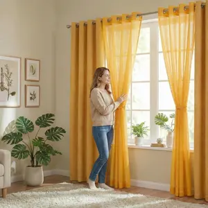 Cozy Curtain 4pcs 52x95 inch Grommet Top Curtain Set, Combo of 2 Two-tone Cationic Curtains and 2 Bamboo Gauze Yarn Curtains, Mixed Texture Window Drapes for Home DecorationL18 L12