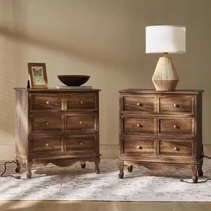 HULALA HOME 3-Drawer Nightstand with Charging Station, Drawer Organizer with Wood Legs, Farmhouse Solid Wood Nightstand Set of 2(Walnut)