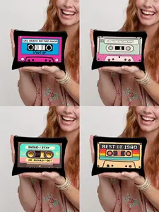 Vintage Cassette Makeup Bag, 80s Retro Design Zipper Cosmetic Organizer, Foldable Travel Essential for Fashion Lovers and Art Enthusiasts