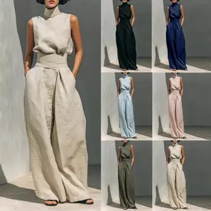 Women's 2-Piece Chic Basic Minimalist Lady Summer Casual Clothing Set - Standup Collar Sleeveless Pullover Top & Loose Straight-Leg Trousers (with Matching Accessories Compatibility)