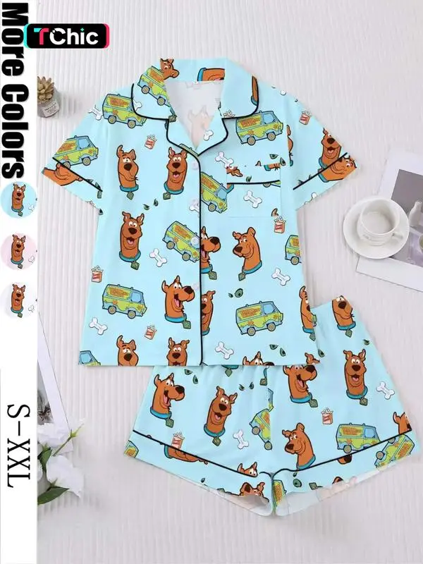 Funny Cartoon Pajama Set for Women, Button Front Short Sleeve Top, Elastic Shorts Sleepwear, Cute Loungewear Outfit