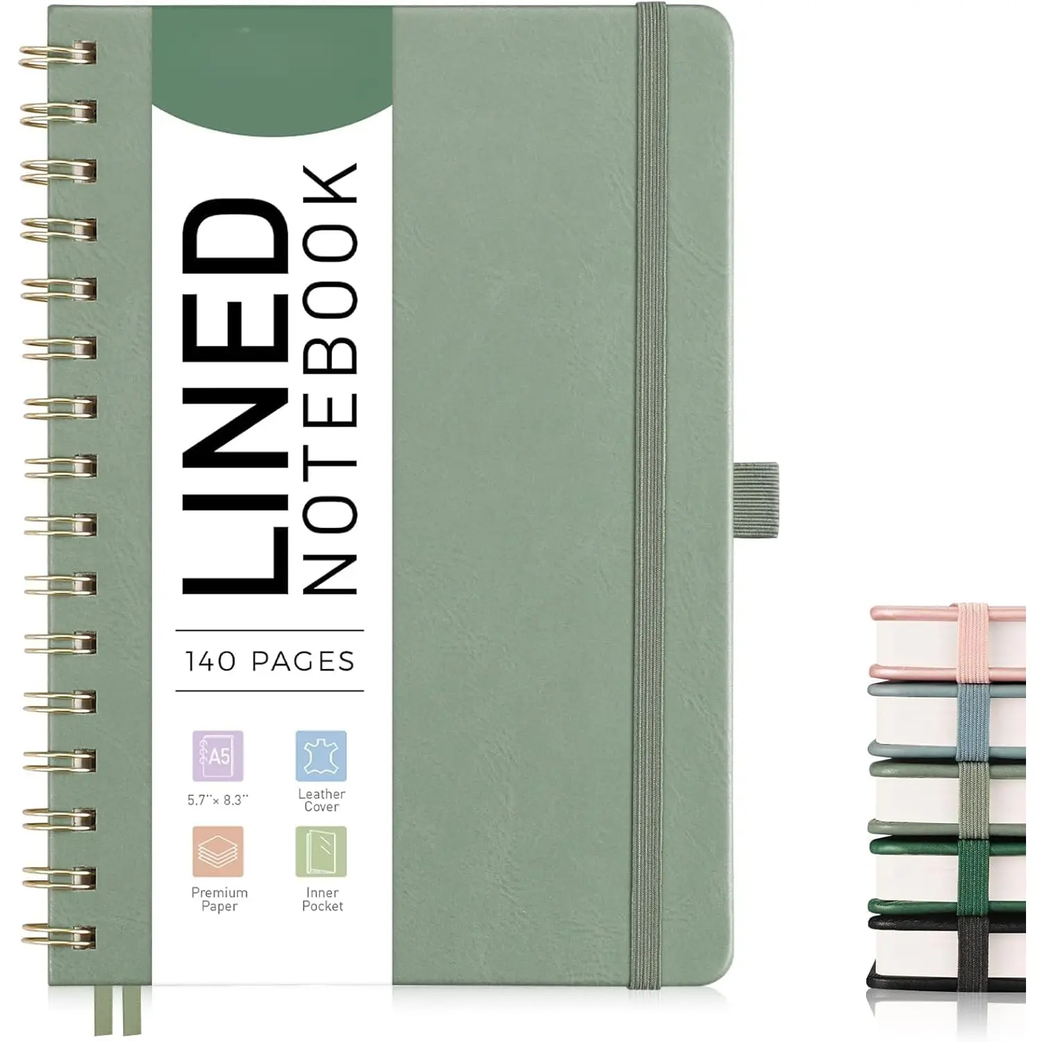Lined Spiral Journal Notebook for Women, Hardcover Leather Spiral Notebook College Ruled A5 5.7" X 8.3", 140 Numbered Pages, Meeting Notebook for Work, School Office Supplies, Sage Green